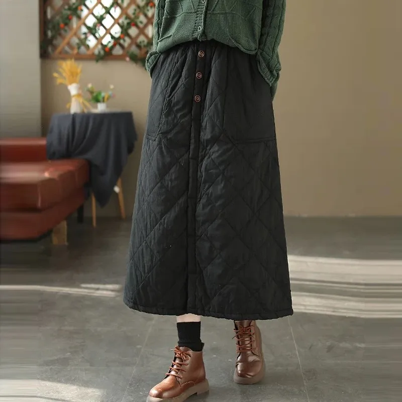 Women Casual Long Skirt New Arrival 2024 Autumn Vintage Style Solid Color Thick Warm Female Basics A-line Skirts B4018