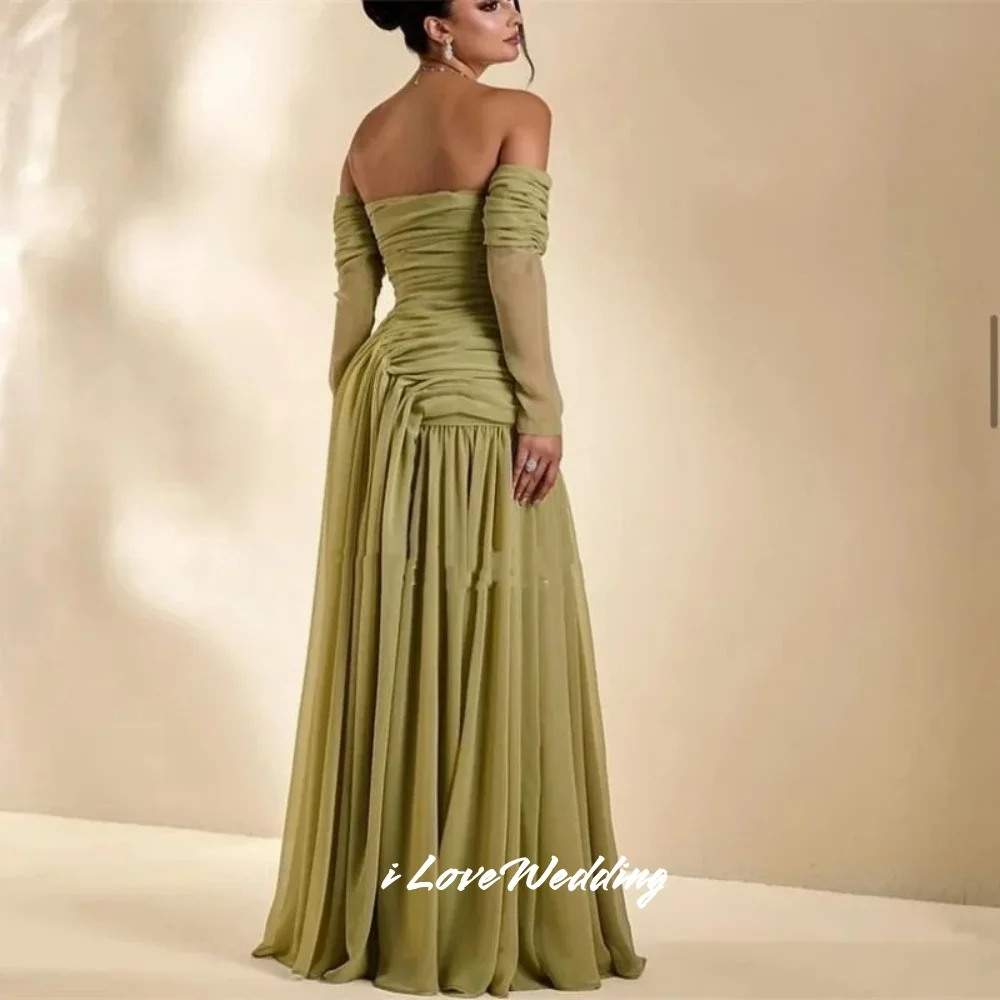 Elegante sem alças vestidos de noite 2025 chiffon manga longa a linha plissado até o chão formal vestidos de festa de casamento personalizado