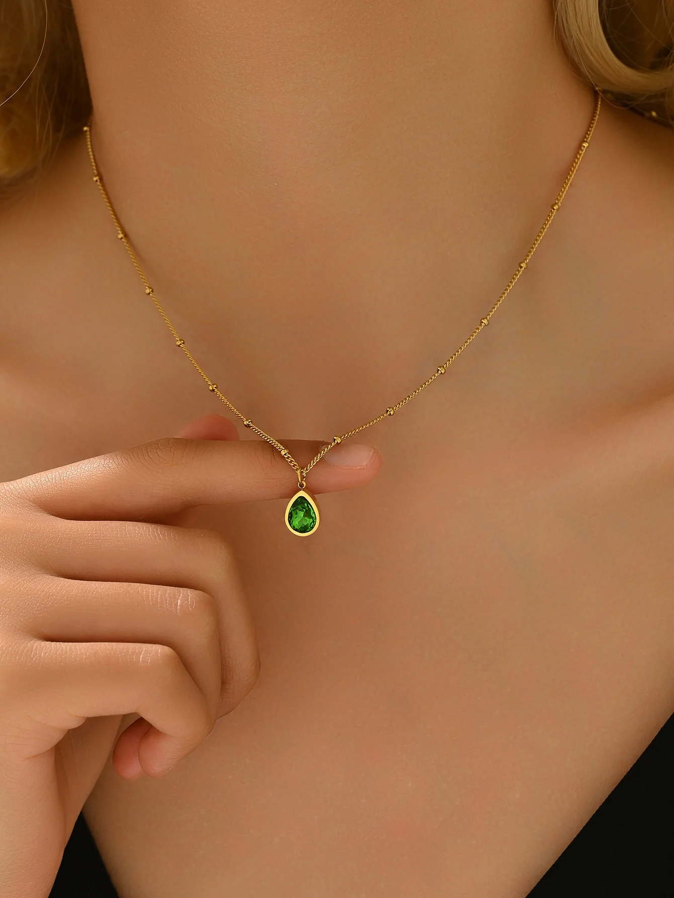 1PC Titanium steel bead chain Green yellow Zircon teardrop pendant Jewelry necklace 18k gold plated gift party