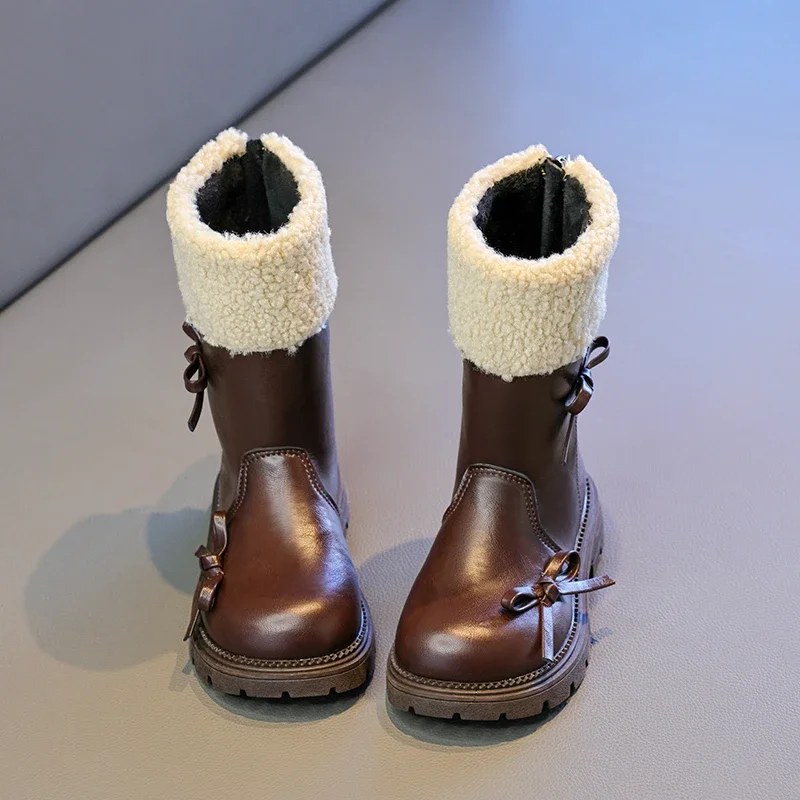 Mumoresip Children's Winter Mid-calf Boots Princess Bowknot Girls Causal Plush Boots Thick Soled Fashion Kids Warm Cotton Boots
