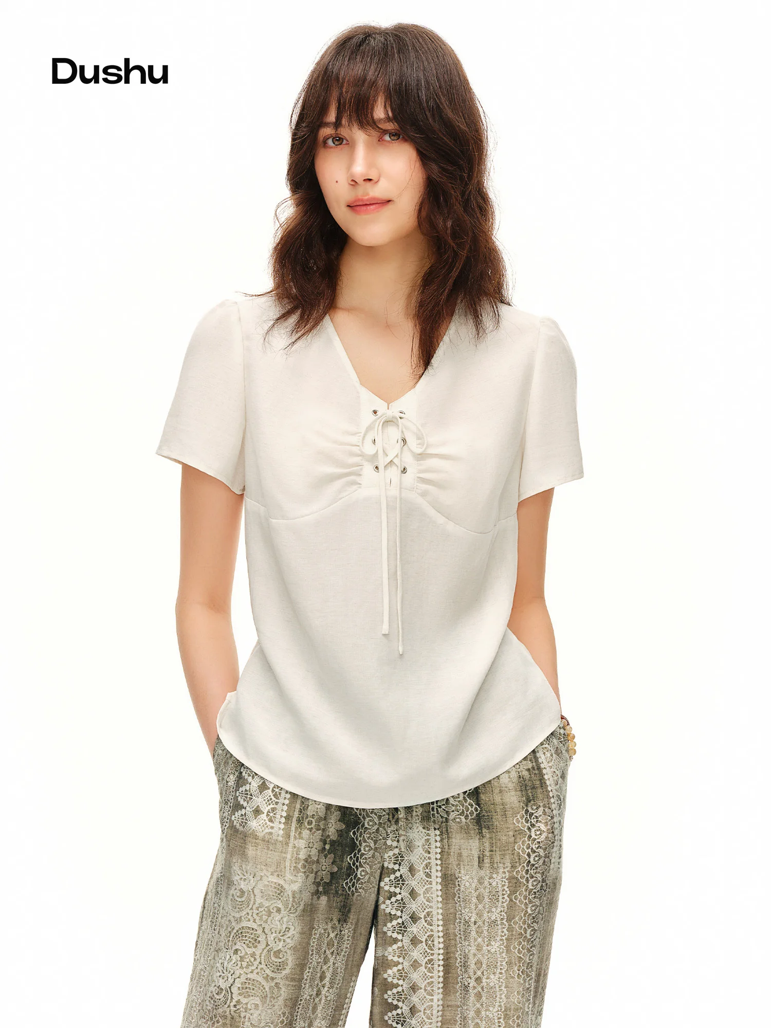 DUSHU Women V Neck Drawstring Tie Blouse 2026 Summer Short Sleeve Slim Waist Breathable Fabric Soft Casual Daily Top