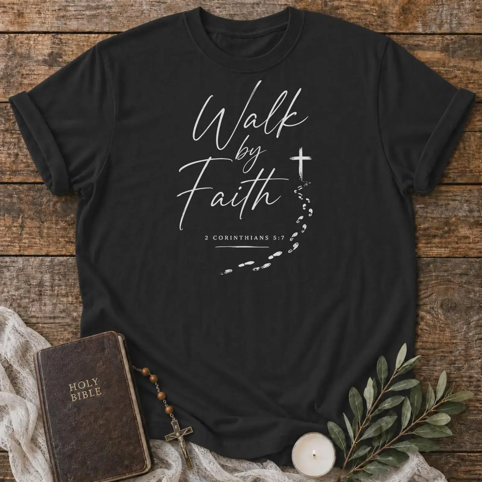 Walk by Faith T Shirt 2 Corinthians 5 7 Bible Verse Christian Cross Footprints  vintage Washed Slightly designer clothes