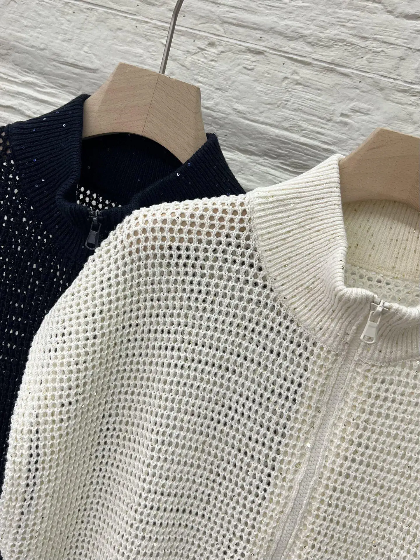 

Sparkling Sequined Linen Stand Collar Zip-Up Openwork Knit Cardigan For Women, Short Jacket, Stylish And Simple Top