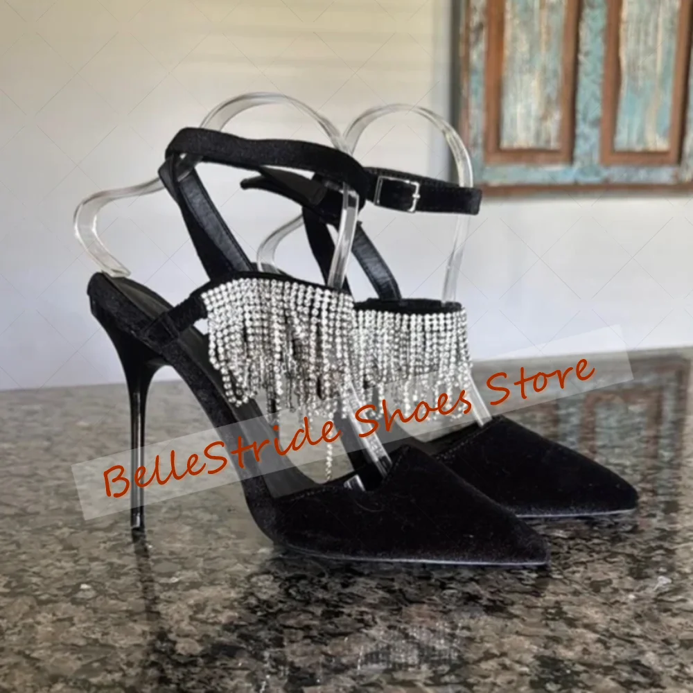 

Black Crystal Tassels Pointed Toe Boots Buckle Strap Women Shoes Thin High Heels Party Banquet Dating 2025 Zapatos Para Mujere