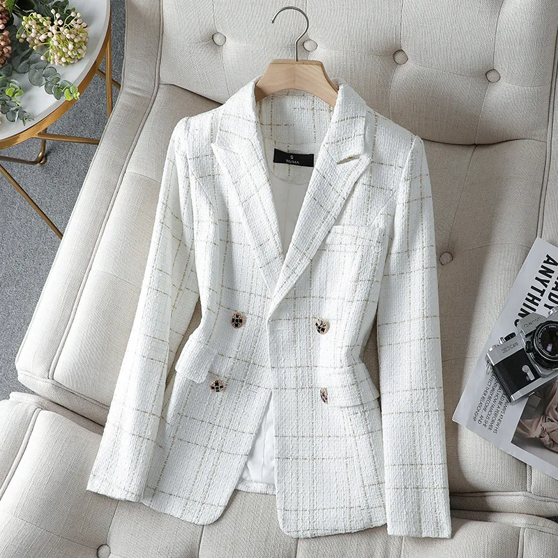 

Autumn Women Blazers 2022 New Plaid Notched Double Breasted Blazer Jacket Elegant Fashion High Grade Ladies Suit Coat