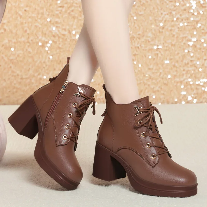 

7cm Fashion Comfortable Thick Block High Heels Shoes Women Fall Winter 2024 Soft Leather Warm Plush Ankle Boots for Office Mom