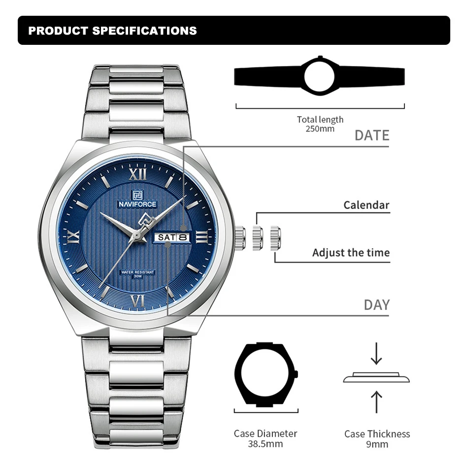 NAVIFORCE Waterproof Man Wrist Watches Fashion Business Steel Band Quartz Clock Day and Date Display Men Watch Relogio Masculino