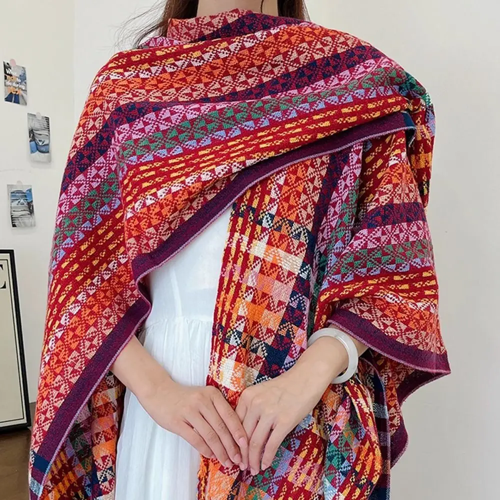 Elegant Bohemian Mongolian Poncho Gradient Color Keep Warm Stripe Tassel Shawl Ethnic Style Knitting Wrap Cloak for Women