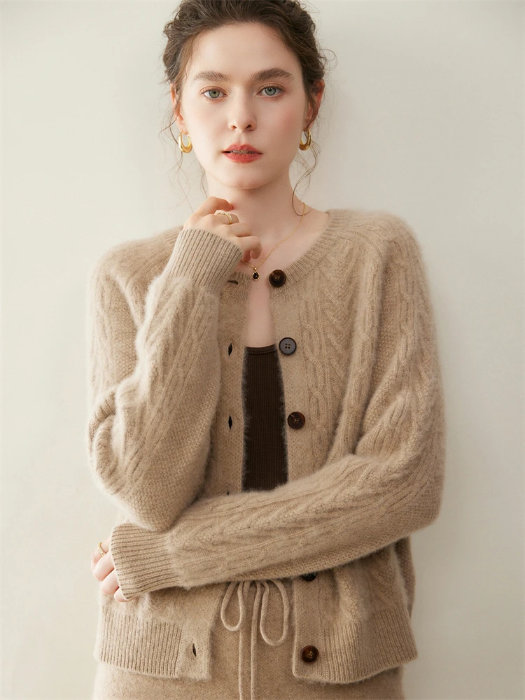 

Yoyoselect 100% Cashmere Women's O Neck Cardigan Sweater Cable Knitwear Autumn Winter Fashion Versatile Clothing Soft Warm Tops
