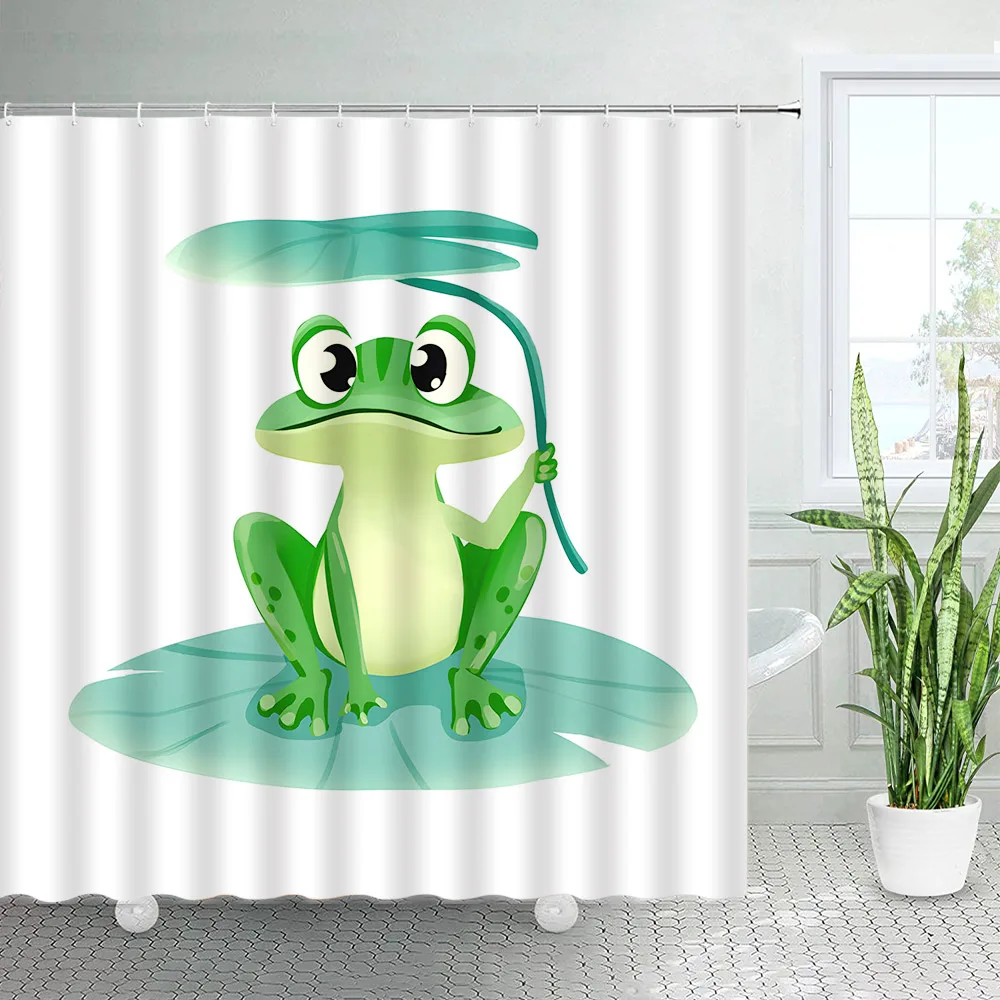 Funny Cartoon Frog Shower Curtains Green Lotus Leaves Animal Kids Bath Curtain Children Bathroom Accessories Decor Sets White