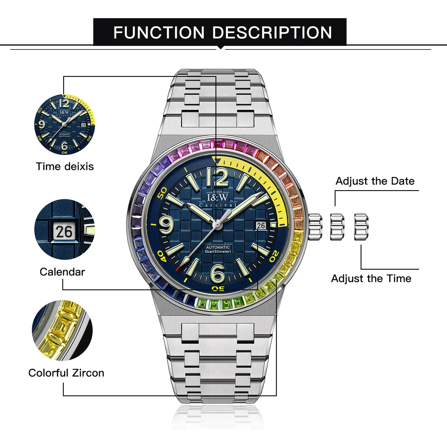 Men\'s Automatic Watch,42mm Luxury Mechanical Wristwatch Waterproof Sapphire Luminous Steel Strap Colored Diamond dial and Colore