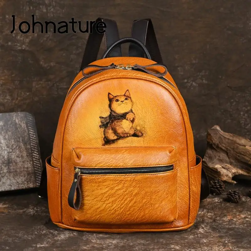 

Johnature Retro Genuine Leather Bag Hand-painted Women Backpack 2024 New Casual Large Capacity Cowhide Travel Backpacks