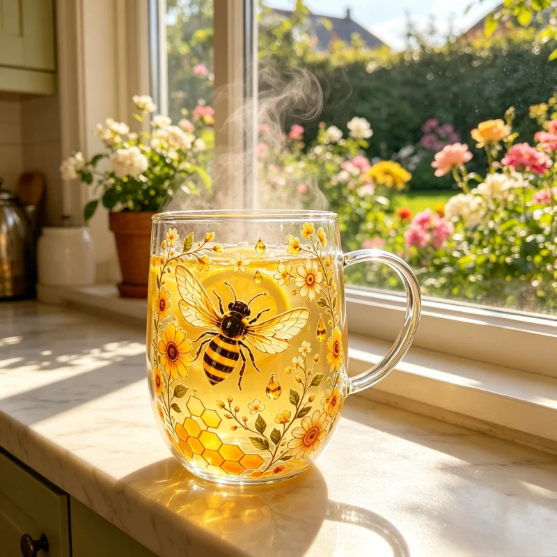 Honey Bee Floral Double Wall Glass Mug,High Borosilicate Heat Resistant Coffee Tea Cup,Cute Sunflower Honeycomb Insulated Water