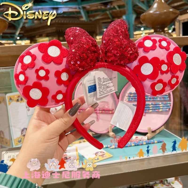 Original Disney Minnie Mouse Headband Cartoon Red Flower Bow Pu Leather Shanghai Disneyland For Adult Children Headwear Gifts