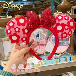 Original Disney Minnie Mouse Headband Cartoon Red Flower Bow Pu Leather Shanghai Disneyland For Adult Children Headwear Gifts