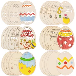12/6pcs 나무 부활절 달걀 어린이 DIY 그림 공예 선물 행복한 부활절 파티 홈 장식 매달려 장식 미완성 된 나무 조각
