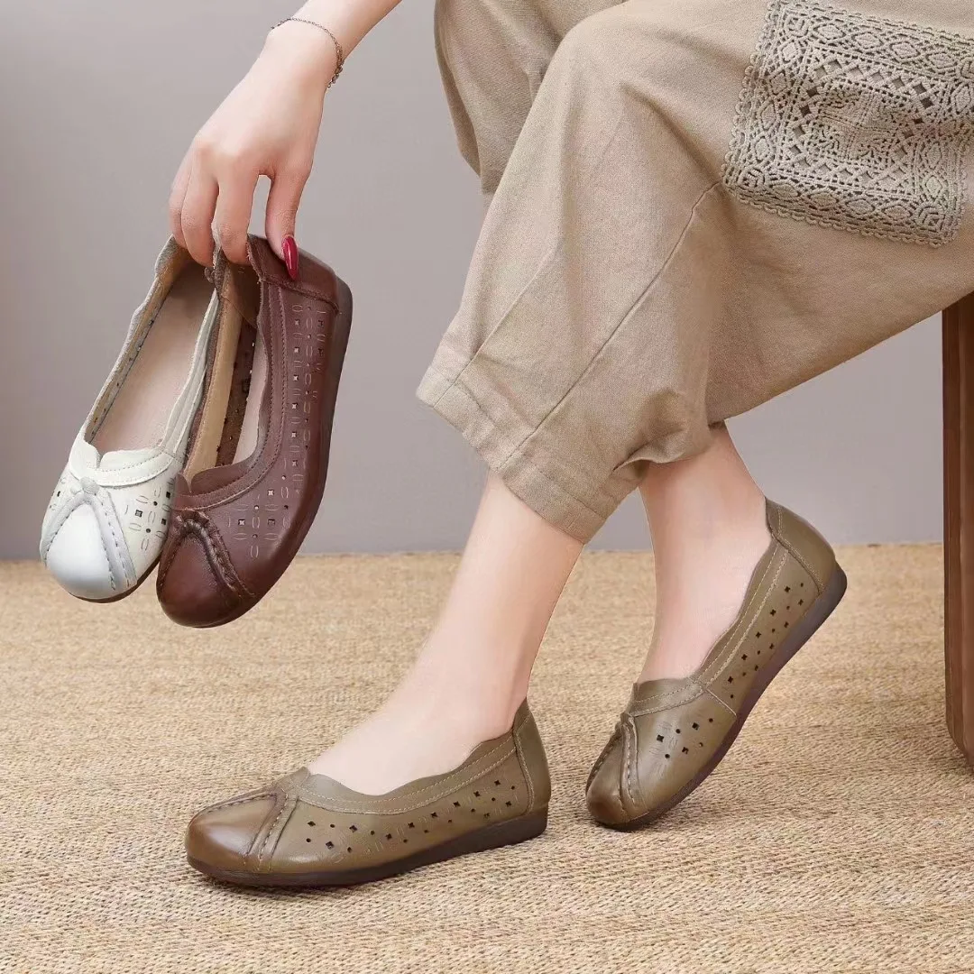 New hollow out ballet flats women's retro slip on shallow shoes woman genuine leather moccasins ladies soft top quality loafers