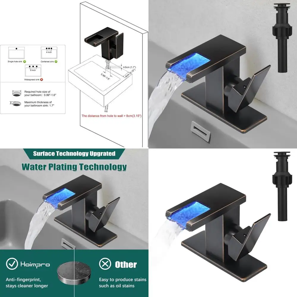 

Смеситель для раковины с LED-подсветкой и эффектом водопада, однорычажный, цвет: бронза с эффектом потертости, с 3-цветной подсветкой, выдвижным сливом и шлангами подачи воды cUPC, нержавеющая сталь