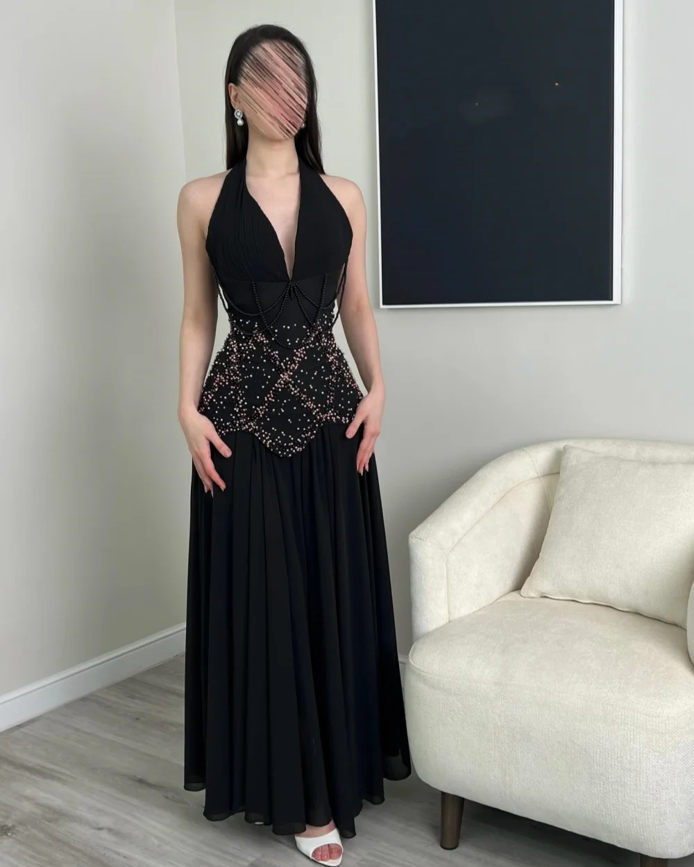 

Customized Formal Women Chiffon Beading Ruched A-Line Evening Dresses Classic Retro Halter Sleeveless Floor Lenght Prom Dresses