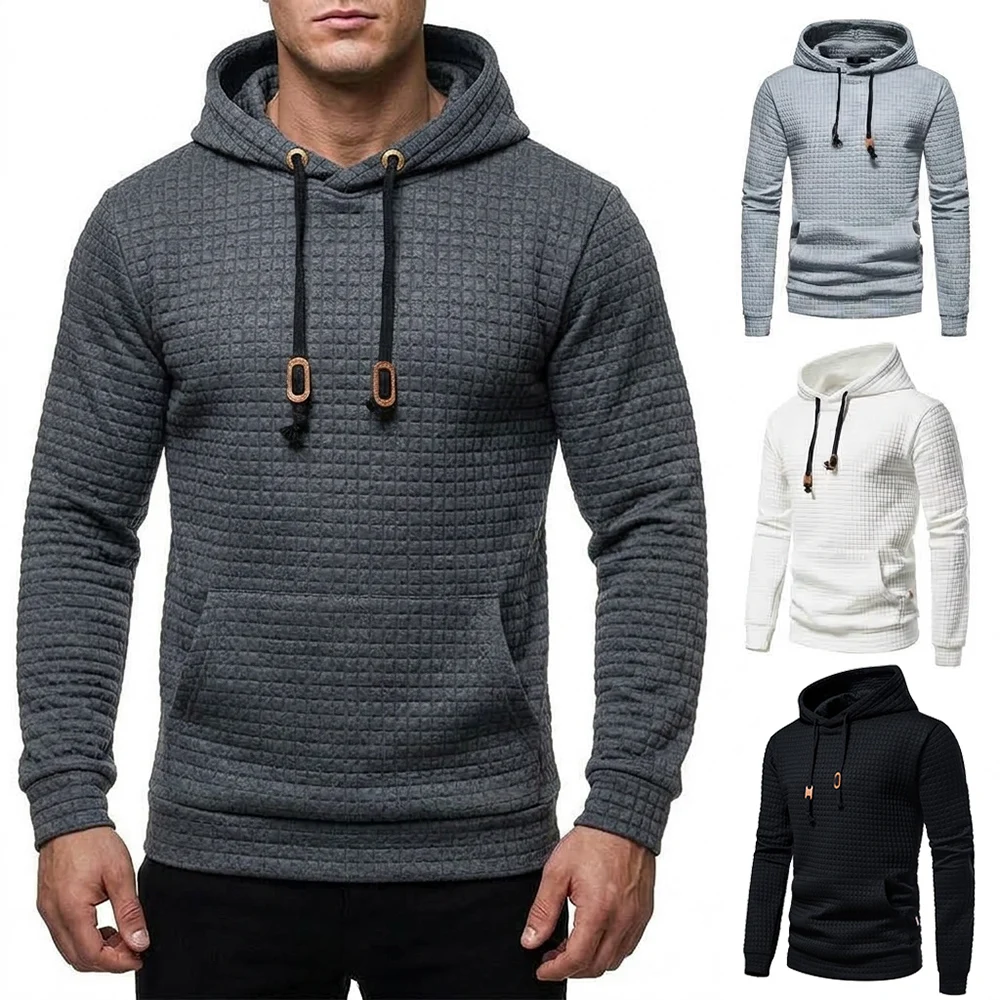 Men Waffle Knit Hoodie Solid Color Drawstring Hooded Sweatshirt Kanga Pocket Long Sleeve Casual Pullover Tops