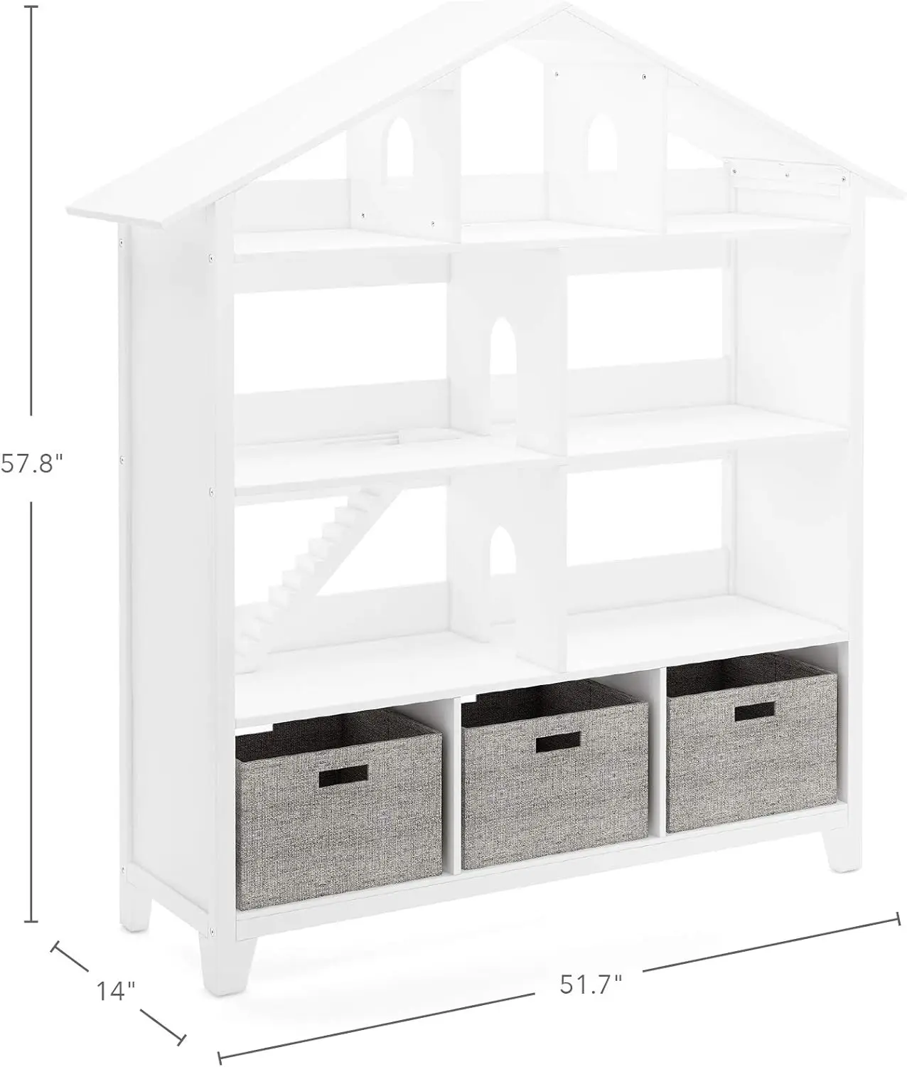 Kids' Deluxe Dollhouse Bookcase - Creamy White: Large Wooden Organizer Shelves with Storage Bins for Books, Dolls