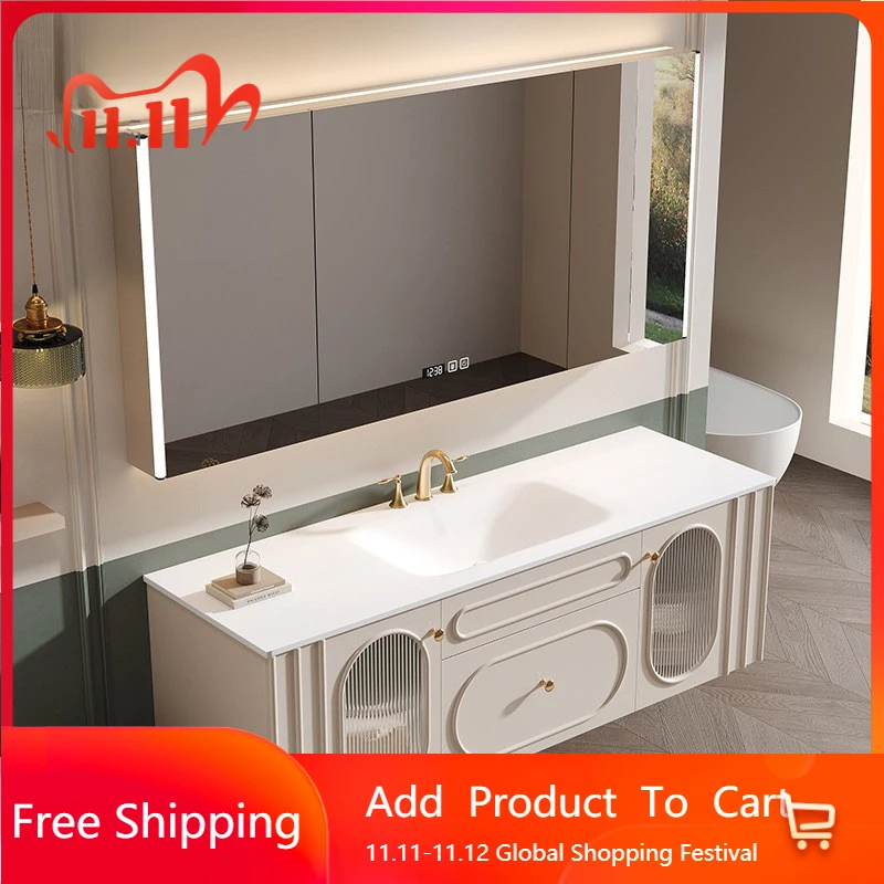 

French Bathroom Vanity Cabinets with Smart Mirror Cabinet Rock Board Integrated Washbasin Toilet Sink Cabinet Bathroom Furniture