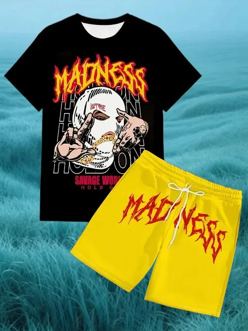 

2025 Latest Popular T-shirt Set 3D Vacation Trend Men's Various Elements Fashion Street Men's Set Summer Top Shorts Breathable