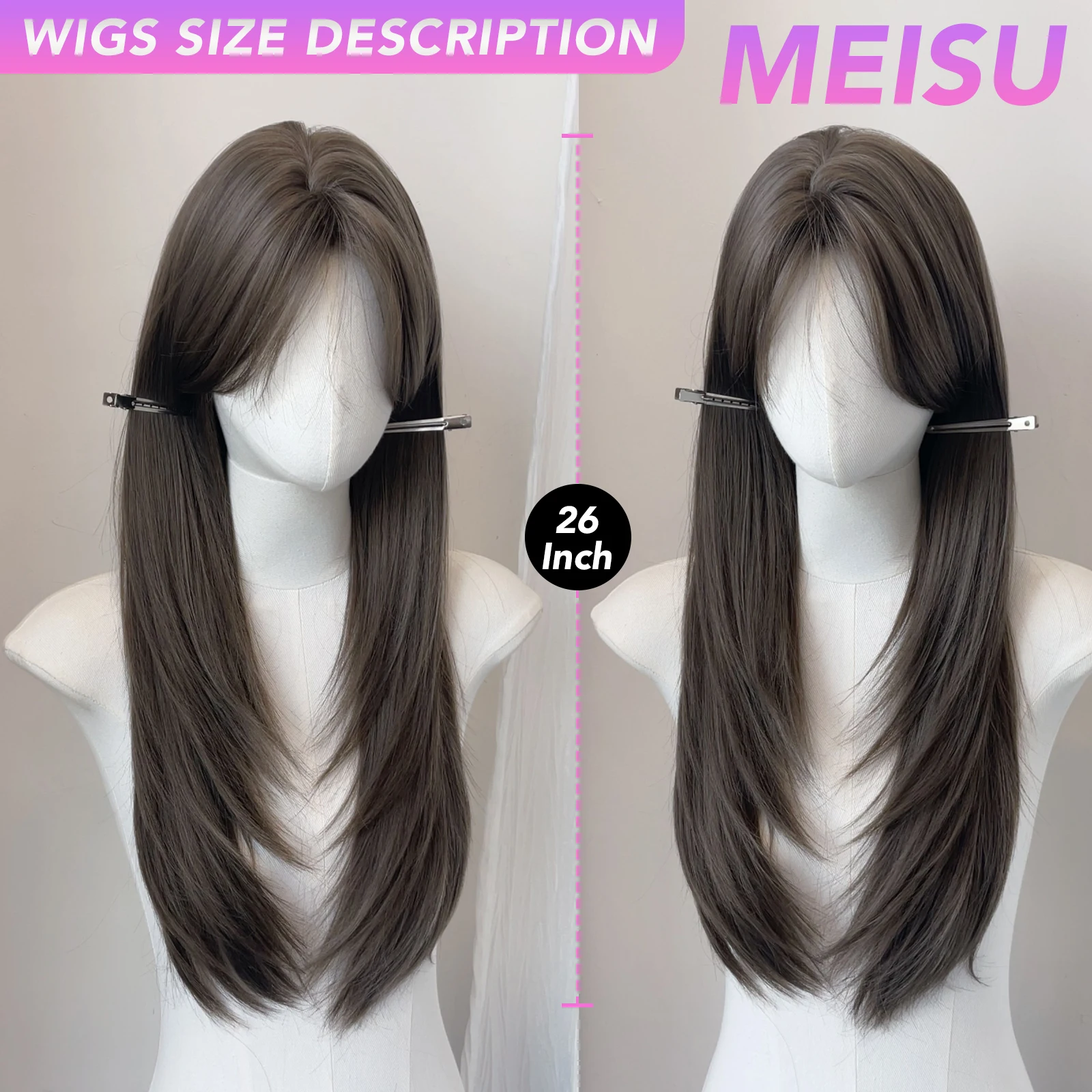 วิกผมตรงสังเคราะห์ MEISU ขนาด 26 นิ้ว สีน้ำตาลเข้มแบบมีเลเยอร์ ทนความร้อน เส้นใยผมเรียบเนียนเป็นธรรมชาติ พร้อมหน้าม้า สำหรับผู้หญิง