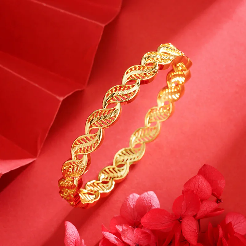 Mylux Jewelry Luxury 24K 9999 Pure Gold real gold Women's Leaf Bracelet Hollow Twist Buckle Bracelet