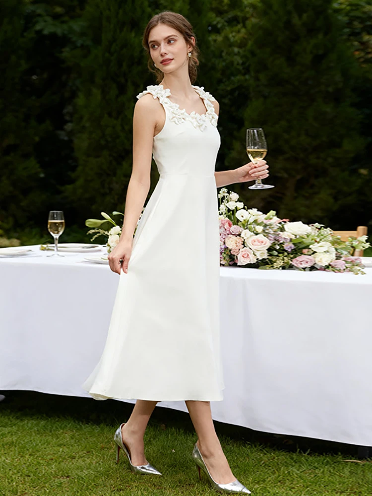 

Sexy Square Collar Strap Flowers Long Dress Women White Sleeveless Florals A-line Dresses Evening Party Cocktail Gowns