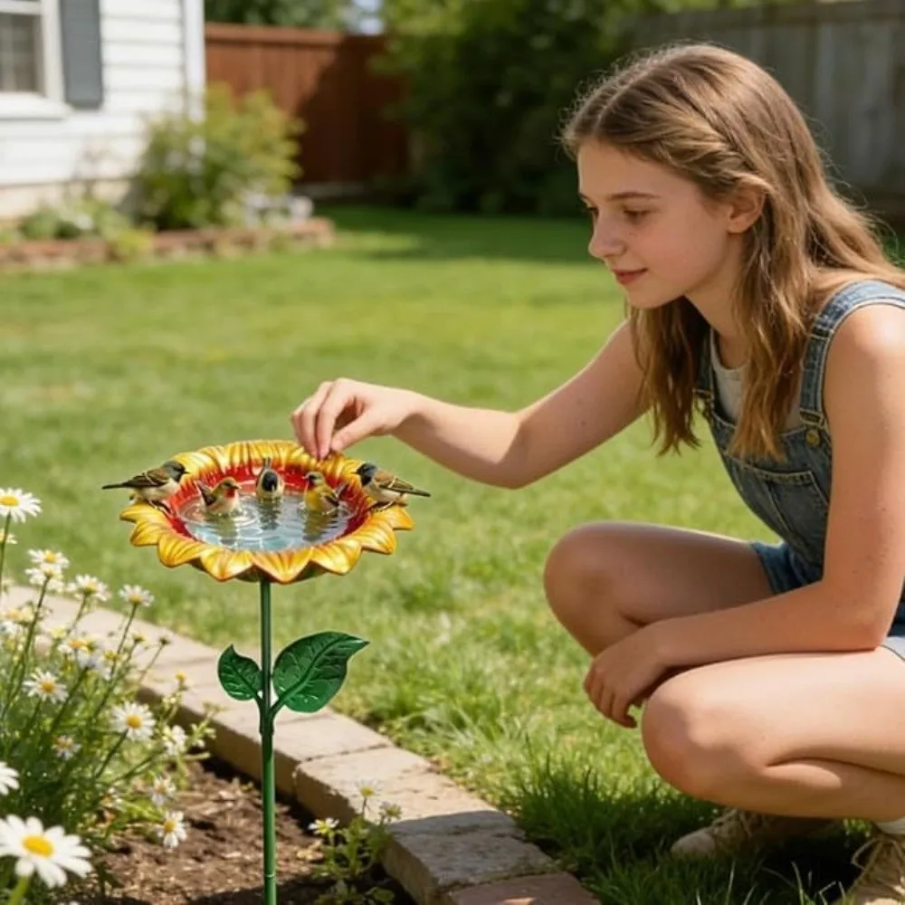 Bird Feeder Tray Metal Bird Bath Iron Art Sunflower Bird Drinking Station Outdoor Bird Water Dispenser Garden