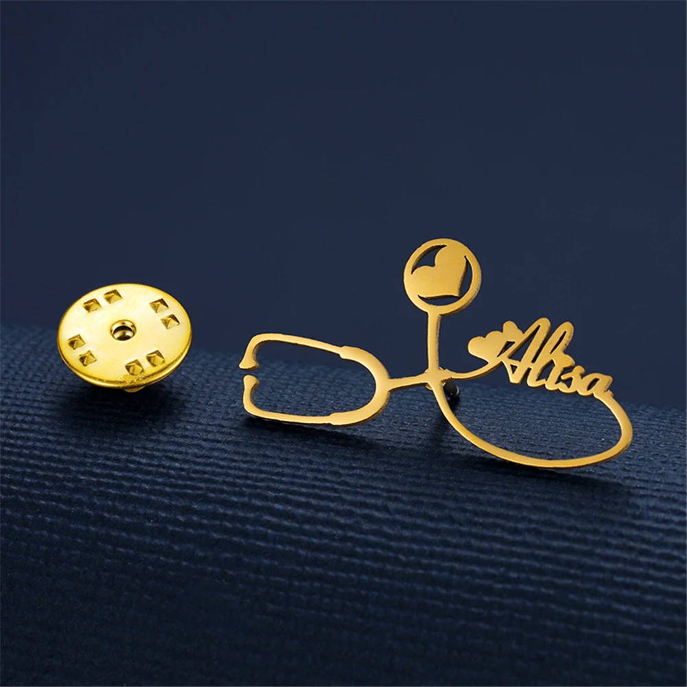 YHLISO Custom Name Text Logo Stethoscope Pin Brooch Personalized Collar Love Badges for Women Stainless Steel Brooches Jewelry