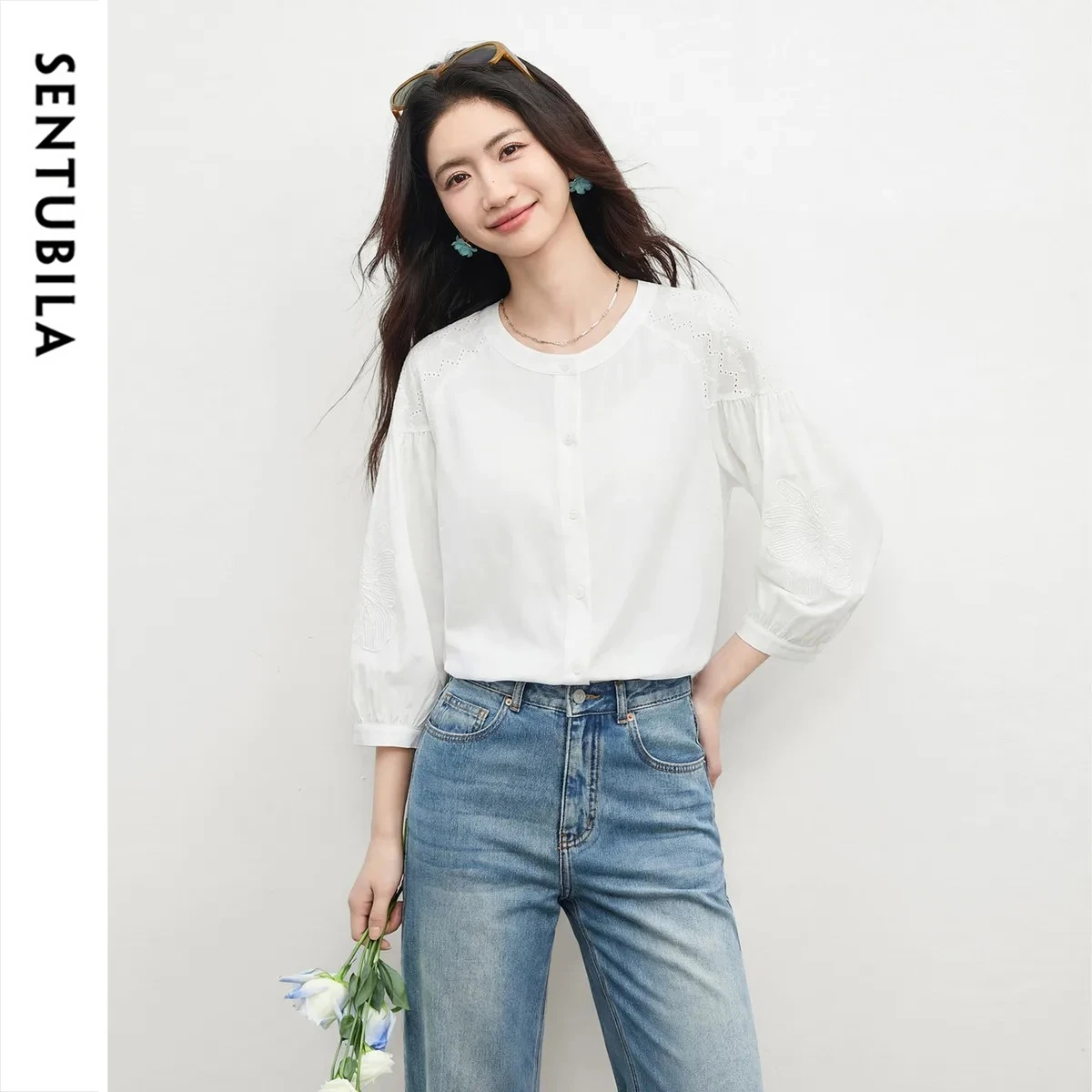 SENTUBILA Women Casual Embroidered Shirt 2026 Spring Summer Round Neck Hollow Out Raglan Sleeve Button-Up Blouse Q61CA6524X