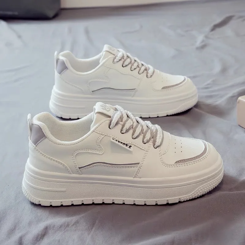 Women White Sneakers Autumn Lace Up Thick Bottom Casual Flats Anti-slip Outdoor Walking Sports Board Shoes Sapatos Femininos