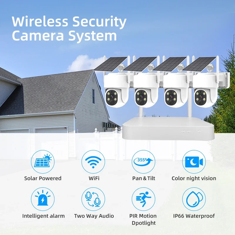 Home Wireless Outdoor Full HD 4MP Wifi Solar Power Camera NVR Kit Security Camera System With Solar Panel