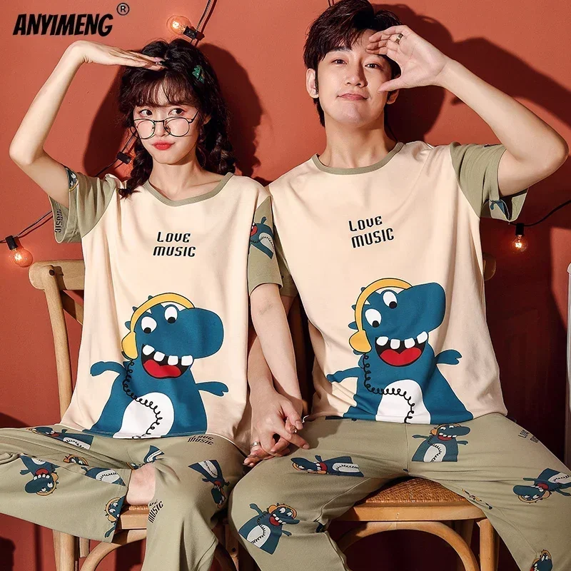 New Summer Soft Cotton Loungewear for Couple Small Dinosaur Cartoon Printing Sleepwear Fashion Pajama Sets for Youth Lovers