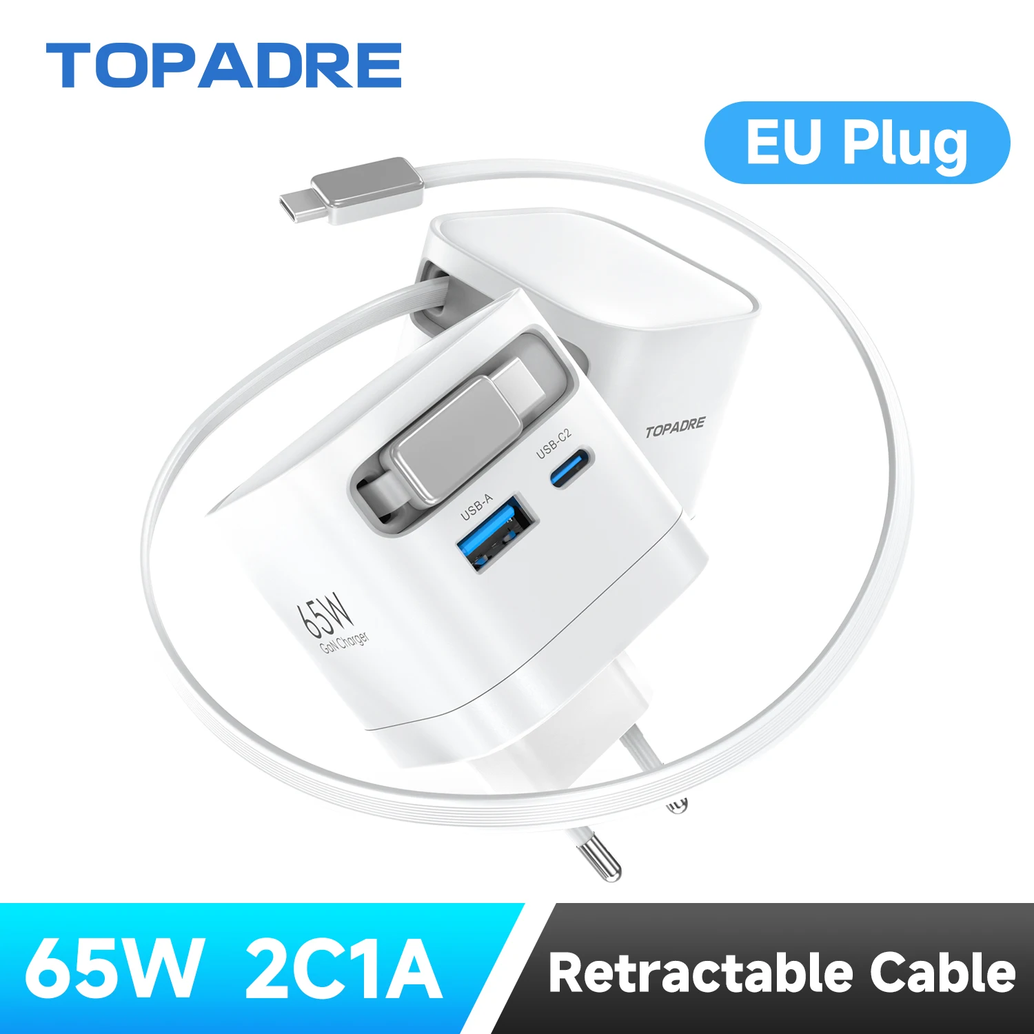 

Быстрое зарядное устройство GaN мощностью 65 Вт с выдвижным кабелем, складной вилкой, блок быстрой зарядки, для телефонов iPhone, Samsung, iPad, Android