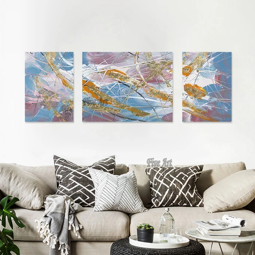 Gold Foil Abstract Canvas Painting Design, 3 Panel Art, Home Decoration Items, Quality Artwork, Pictures Wall For Living Room