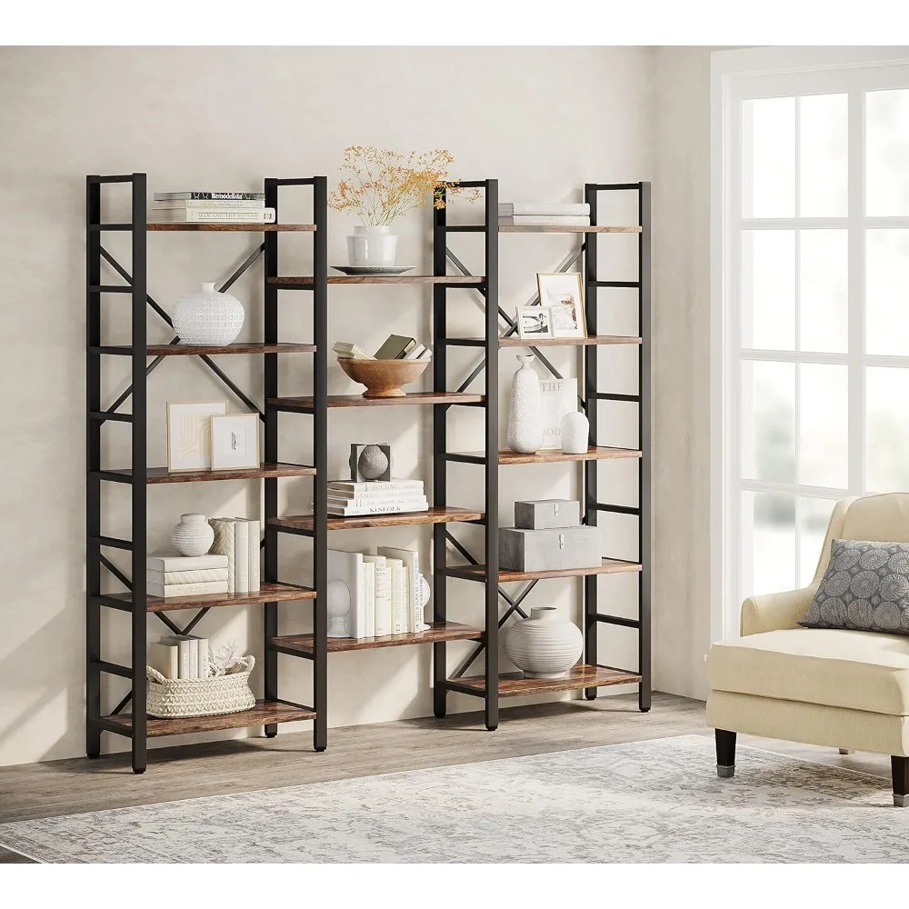 Three-Width 5-Shelf Bookcase, Etagere Large Open Bookshelf Vintage Industrial Style Bookcase, 70 Inches