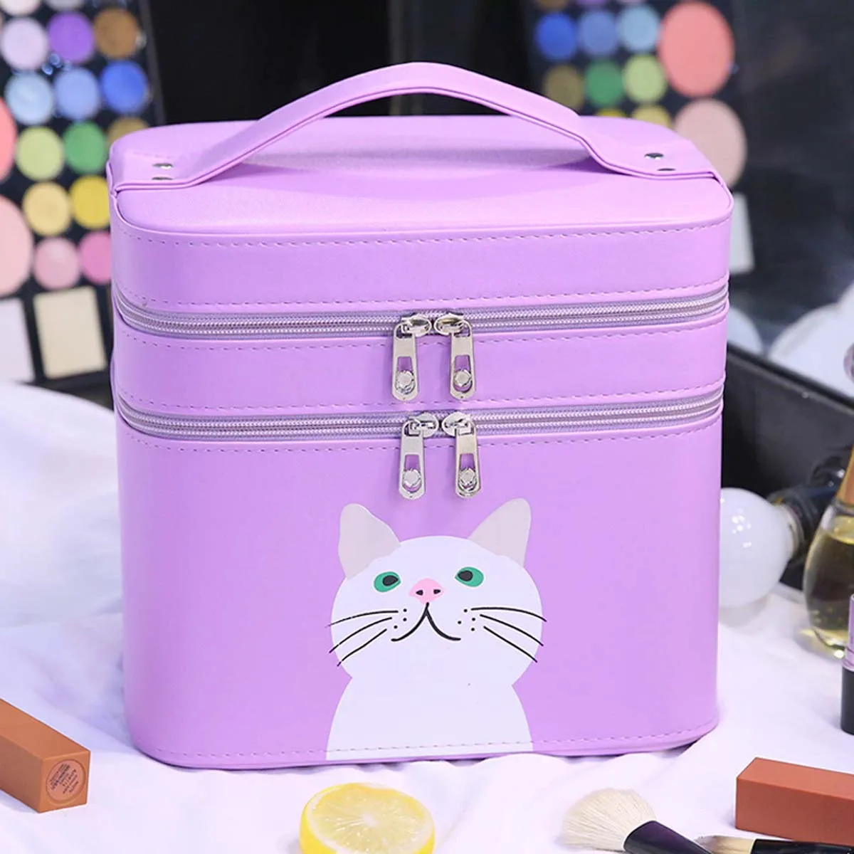 Senior PU makeup bag wholesale new kitten double cute candy color makeup bag travel portable makeup box storage box