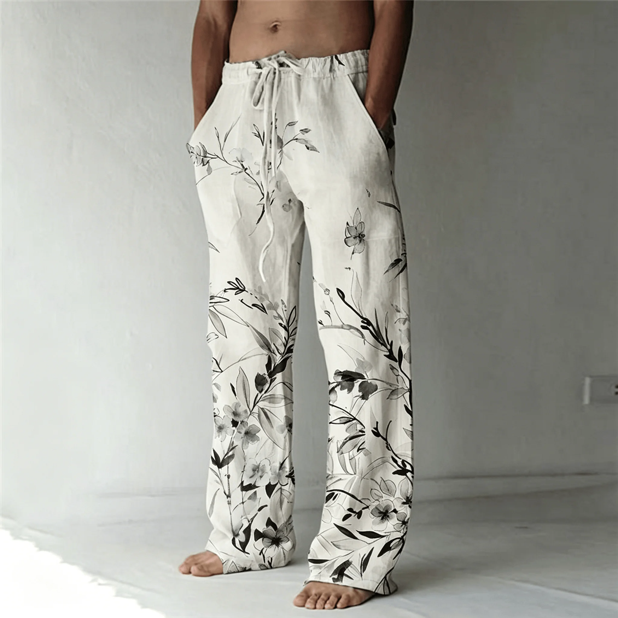 Herrenhose mit Tuschendruck-Palmblattmuster und Kordelzug, Vintage Botanische Gerade Hose für Frühling & Sommer – Detail 8