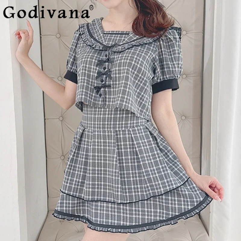 

Japanese Sweet Bow Lace Navy Neck Short Sleeve Shirt Elastic Ruffles High Waist A-line Age Reduction Cake Skirt Two-piece Sets