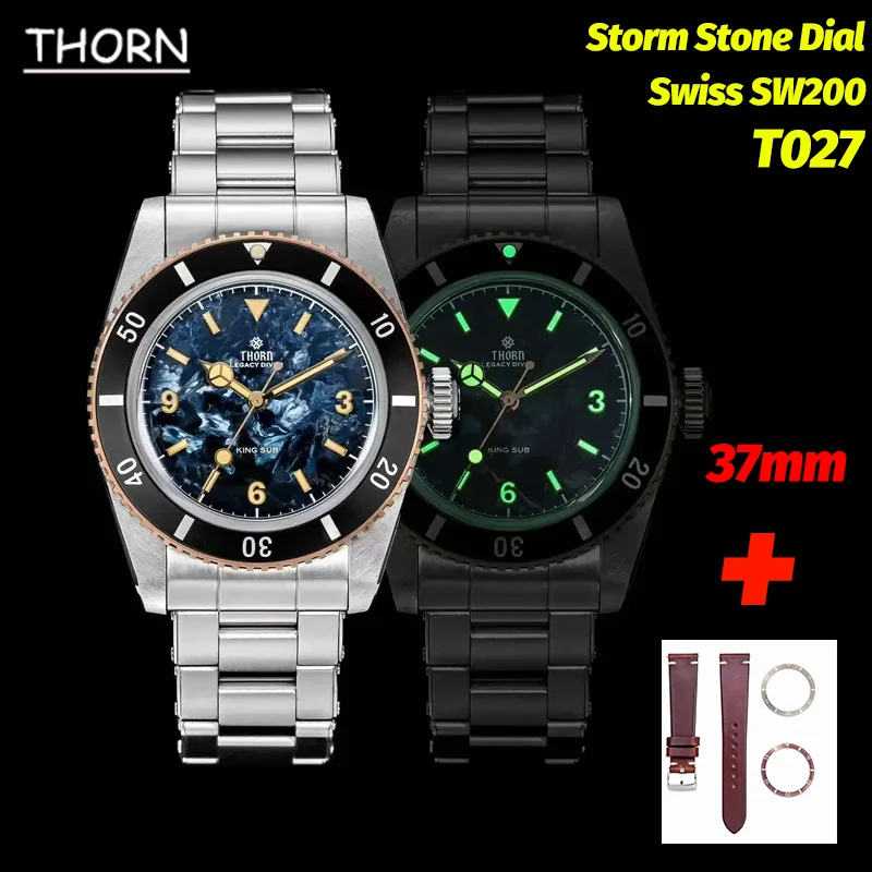 Thorn T027 Automatic Mechanical Watches Pietersite Dial SW200 Swiss Movement Bronze Bezel Sapphire Luminous 37Mm Vintage Watch