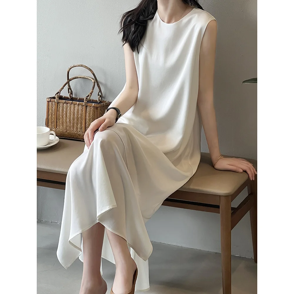 

Women Clothes Sleeveless Round Neck Simple Comfortable Long Dress 2024 Summer New Design Sense of Loose Gentle Temperament Dress