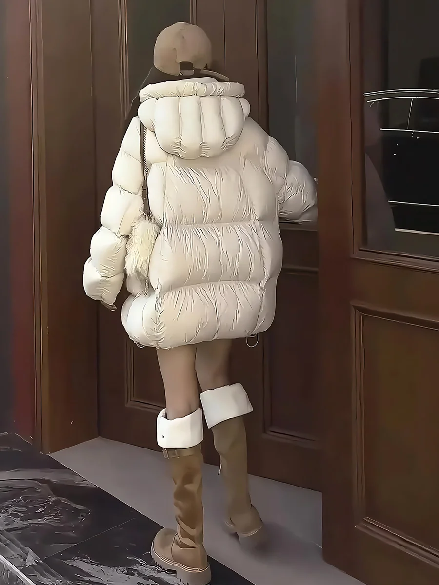 Chaqueta Acolchada Blanca Cloud Dough para Mujer, Corte Holgado, Cuello Alto, Capucha, Ropa de Abrigo de Invierno, Chaqueta de Moda