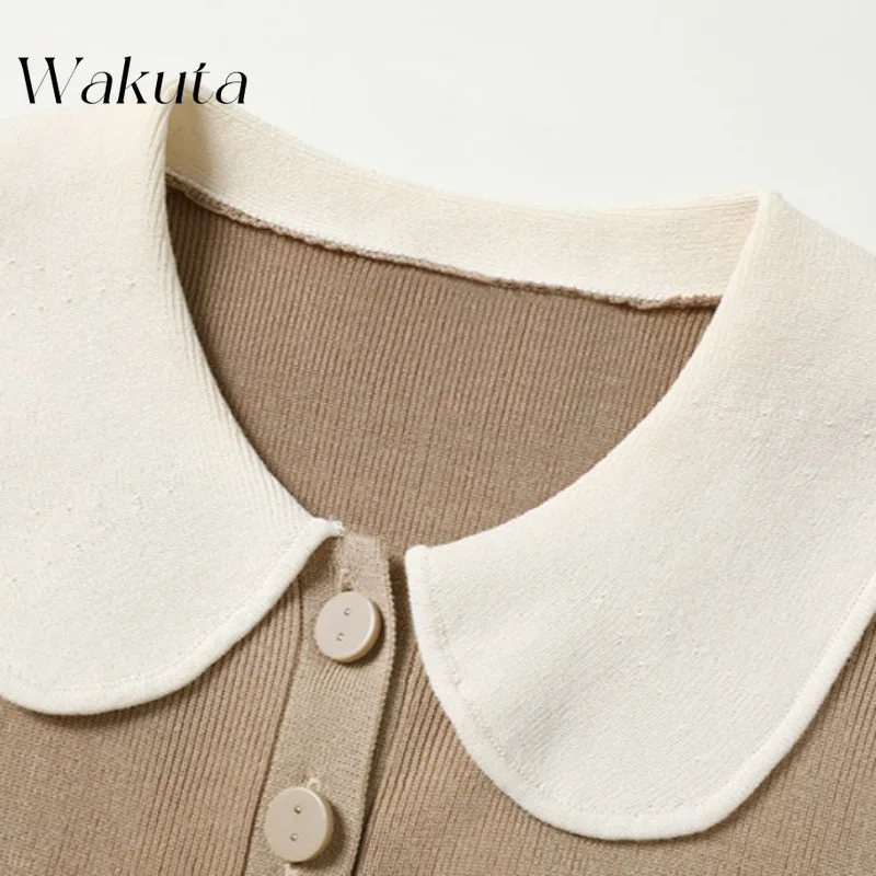 WAKUTA Korean Retro Doll Collar Long-sleeved Colorblocking Cardigan Autumn Simple Versatile Sweet Knit Sweater Commuter Sweater