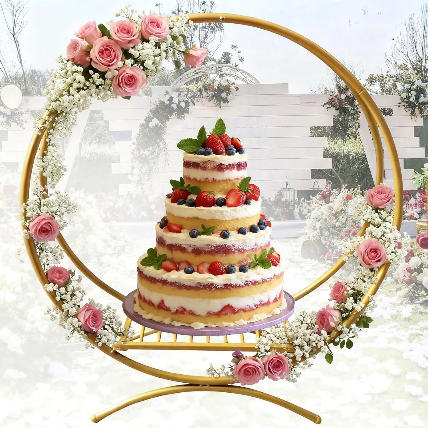 

80cm Gold Metal Wedding Decoration Stand - Double-Ring&13mm Pipe, Iron&Anti-Rust, Bottom Shelf&Space-Saving, for Party/Birthday