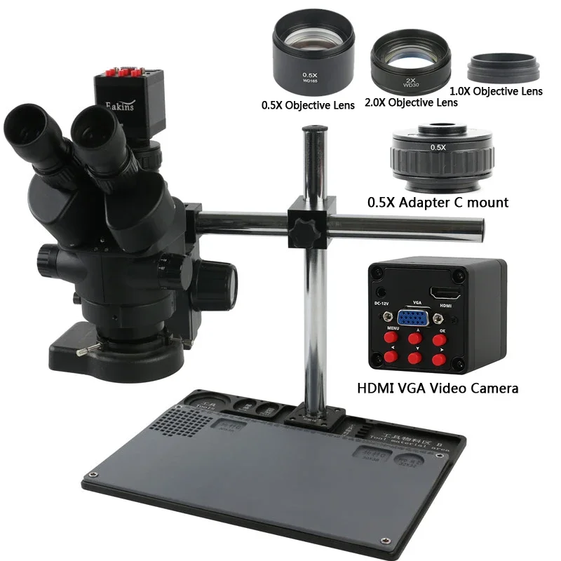 7X 45X Simul Focal Trinocular Stereo Microscope + 1080p HDMI VGA Electronic Digital Video Camera + Aluminum Workbench Stand