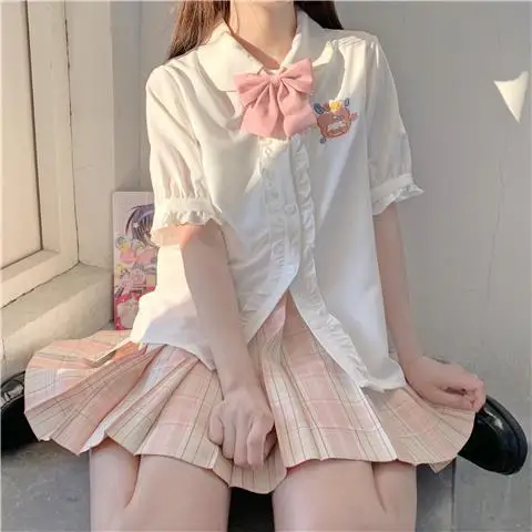 Blusa japonesa de urso de desenho animado para mulheres, blusa babados, gola virada para baixo, estética, fofa, kawaii, doce, Y2K, verão, 2022