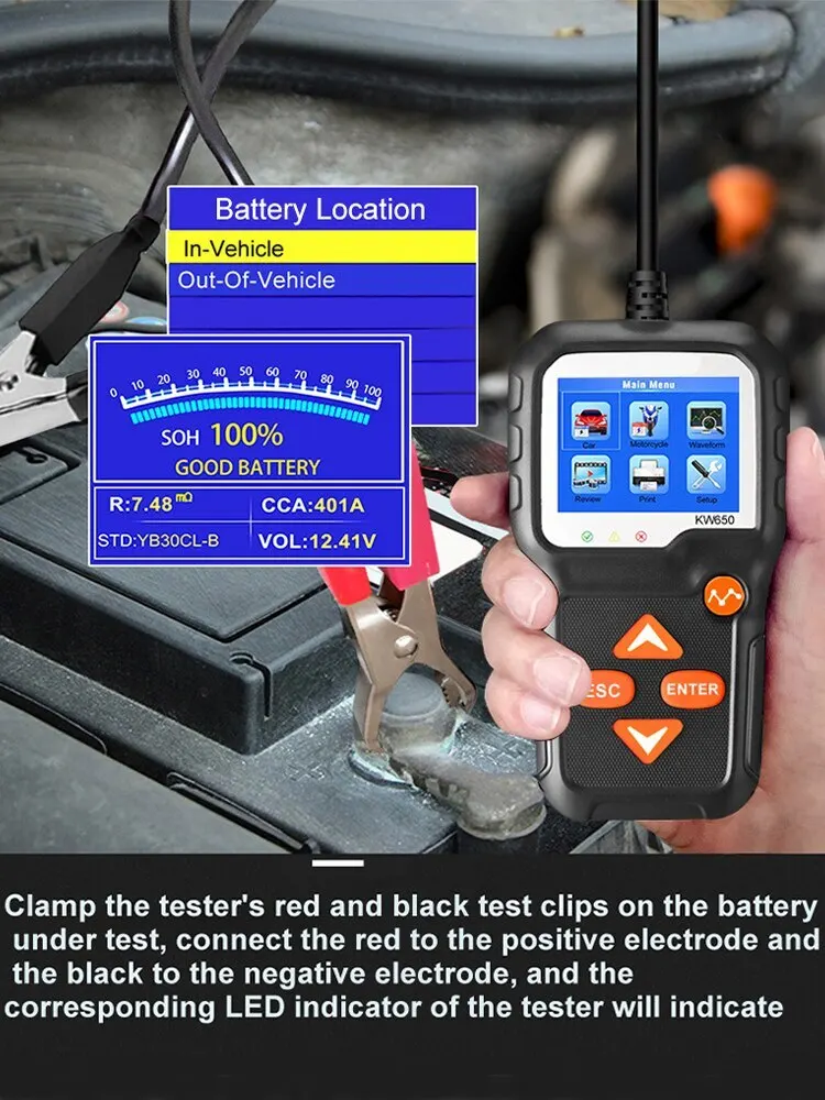 KW650 Battery Tester High Precision Color Screen 6V to 12V Car Motorcycle Battery Car Lawn Mower Imported Chip Battery Tester